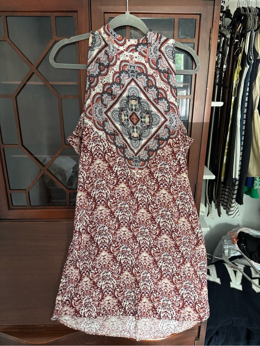 American Eagle Outfitters Red and Ivory Printed High-Neck Sleeveless Tunic